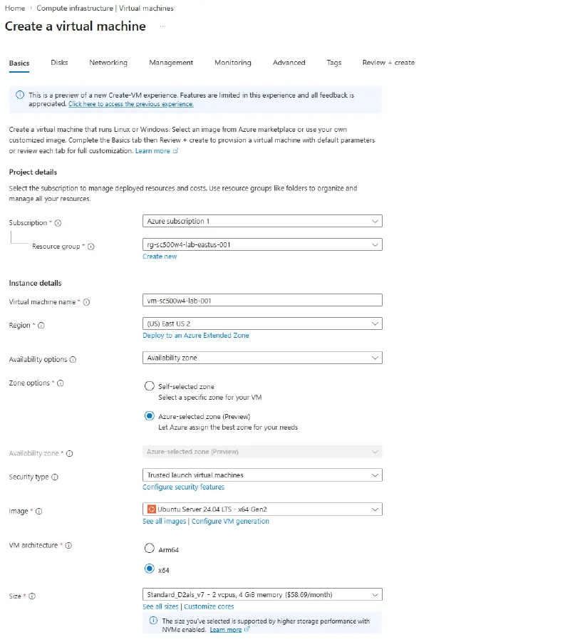 VM Basics tab with Trusted launch