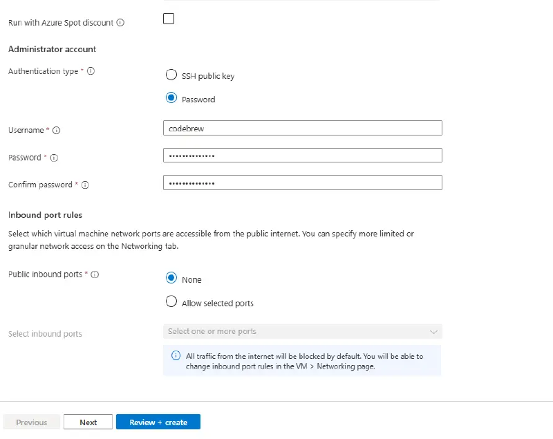 Administrator account with inbound ports set to None