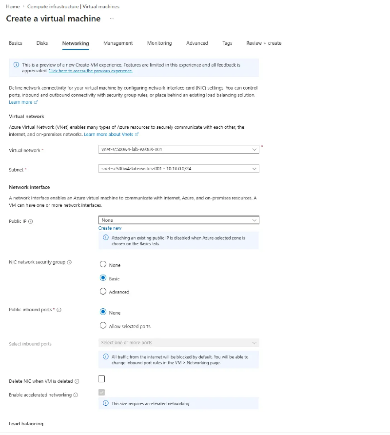 Networking tab with Public IP set to None