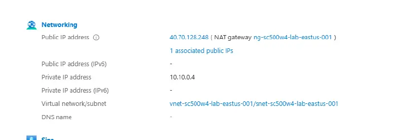 VM Overview showing the NAT gateway address