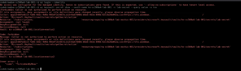 ForbiddenByRbac naming the VM identity as caller