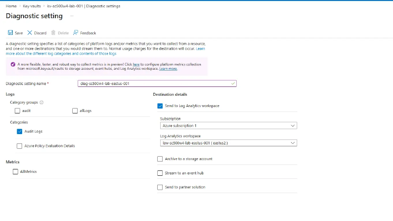 Key Vault diagnostic setting with Audit Logs selected