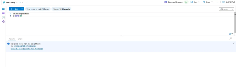 AzureDiagnostics returning no results