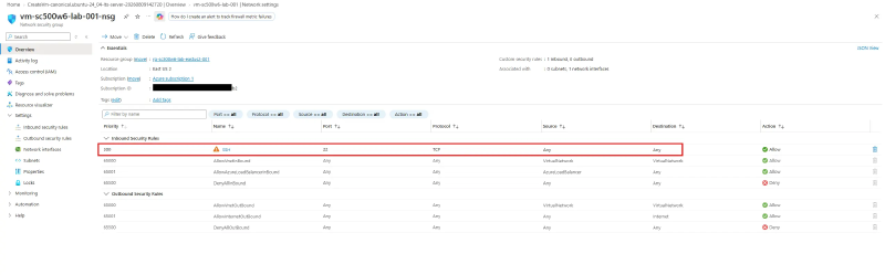 NSG inbound rules showing SSH allowed