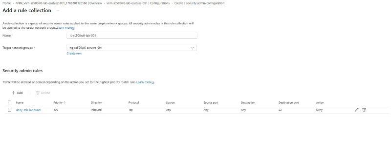 Rule collection with the deny-ssh-inbound rule
