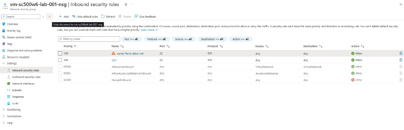 NSG with owner-force-allow-ssh at priority 100